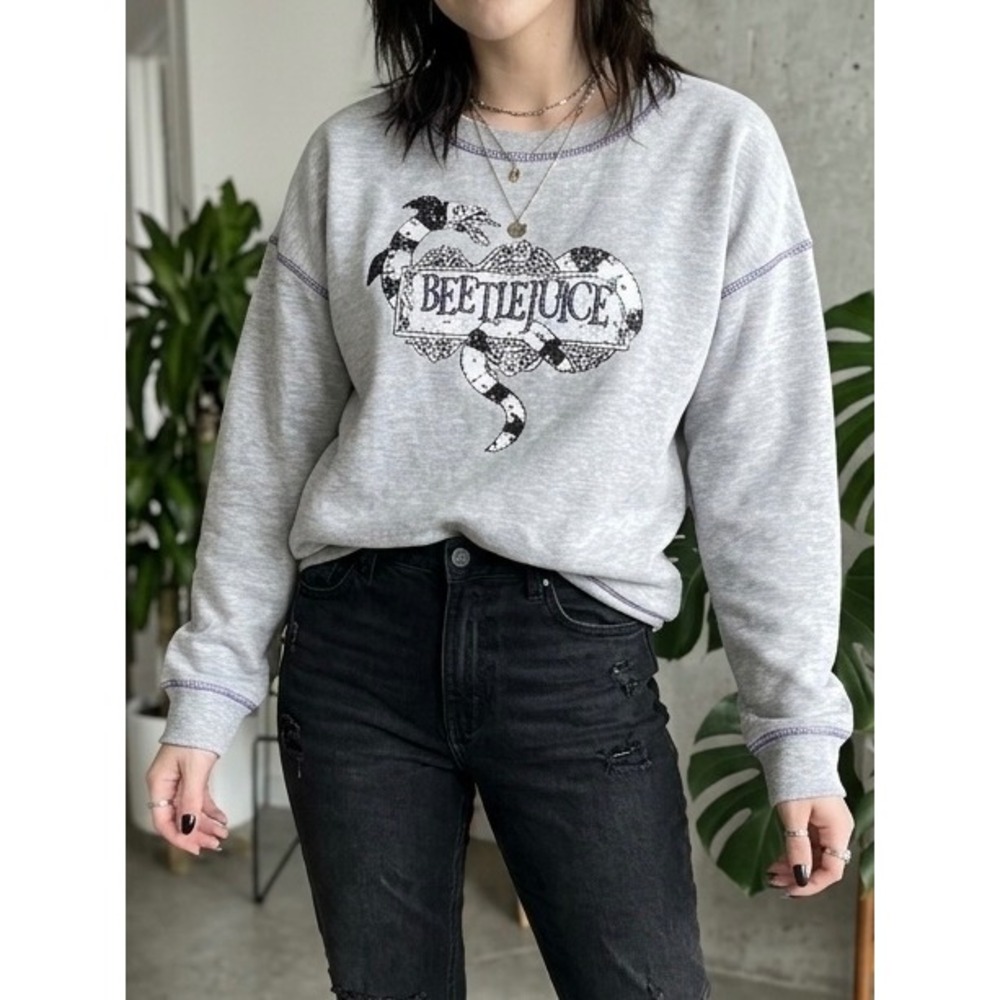 Beetlejuice‎ Gray Graphic Sweatshirt Ghost With The Most Sandworm Purple Stitch